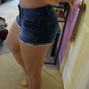 Denim booty shorts with lace trim